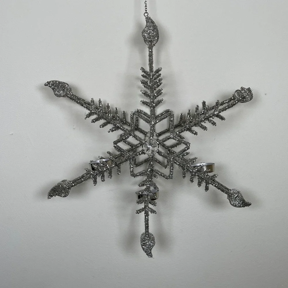 Beaded Silver Snowflake‎ Candelabra Tealight Holder Hanging Christmas Winter